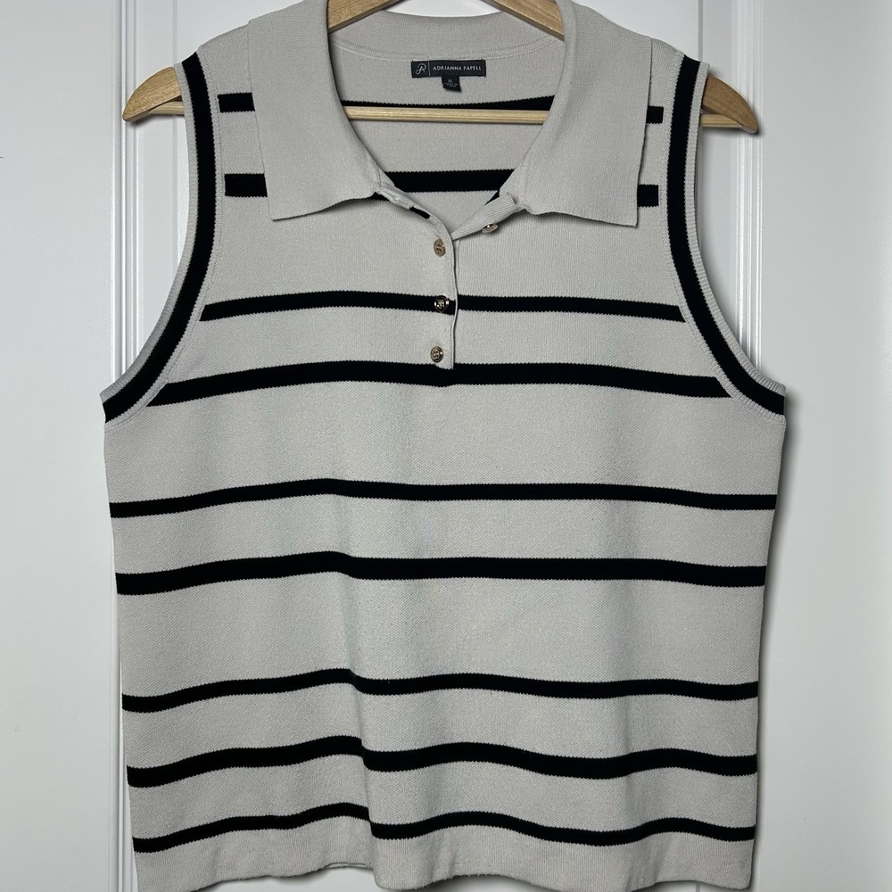 Adrianna Papell Cream Black Stripe Knit Sleeveless Polo Nautical Preppy Style